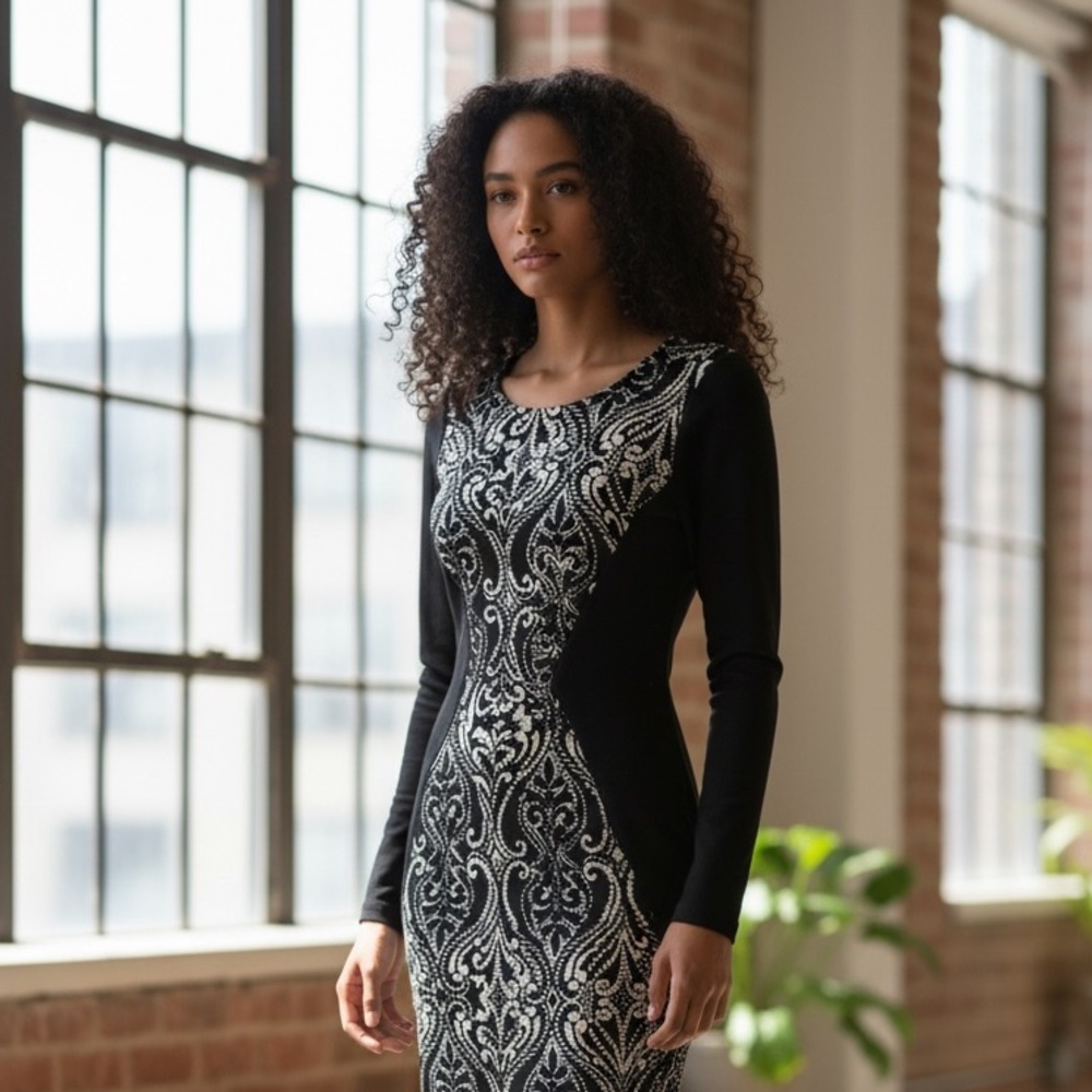 Bar III Black & Cream Scroll Print Bodycon Dress Size M